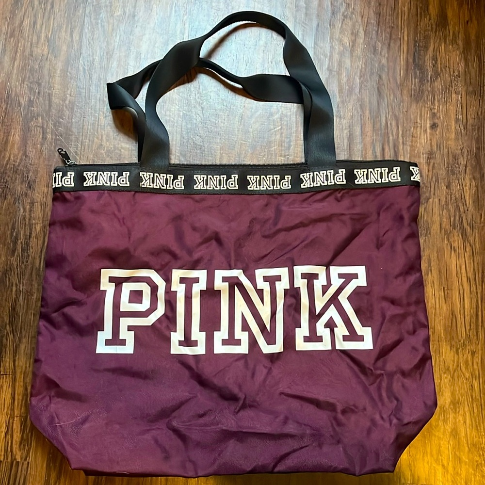 VS PINK Maroon Nylon Top Zipper Tote Bag